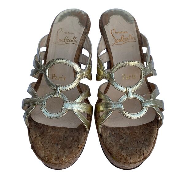 Louboutin 36 Gold Metallic Cork Wedge Mule Sandals - Picture 9 of 13